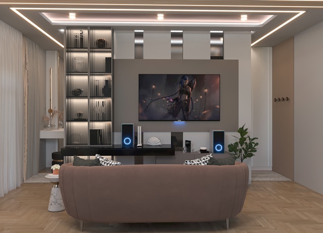 home theater in well designed modern living room